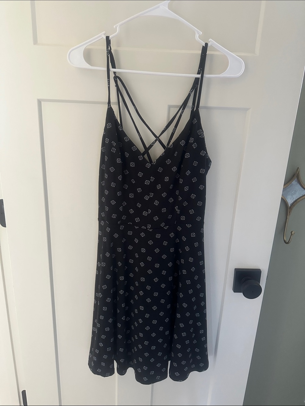 nine britton Black Mini Dress with White Geometric Print and Crisscross Back
